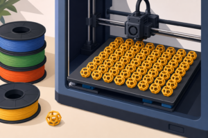 A 3D printer build plate filled with identical parts for a bulk production run