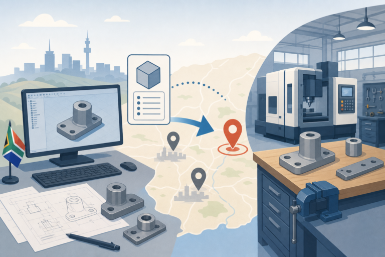 Illustration showing a digital production enquiry connecting businesses in Pretoria and Johannesburg with a manufacturing workshop in Centurion